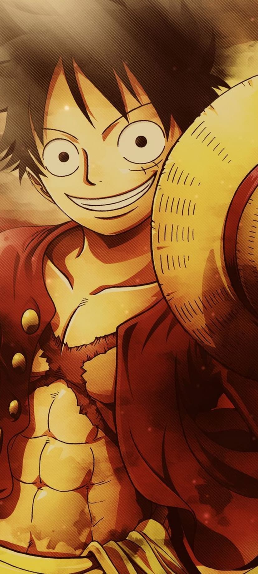 Monkey D. Luffy smiles broadly while wearing a red vest and holding a straw hat in a vertical portrait pose.