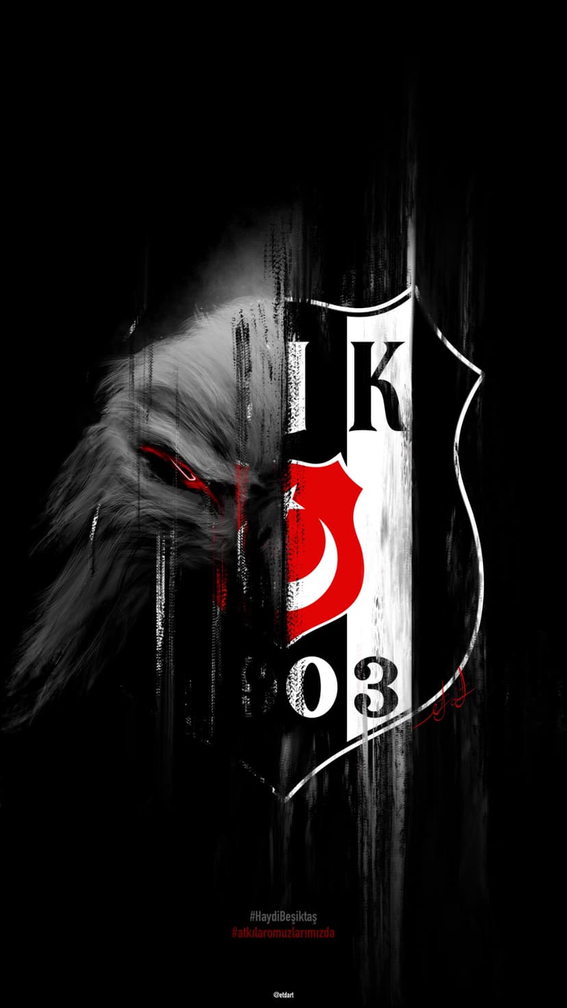 Snarling wolf head integrated with the Beşiktaş JK crest and a red Turkish flag over a dark textured background.
