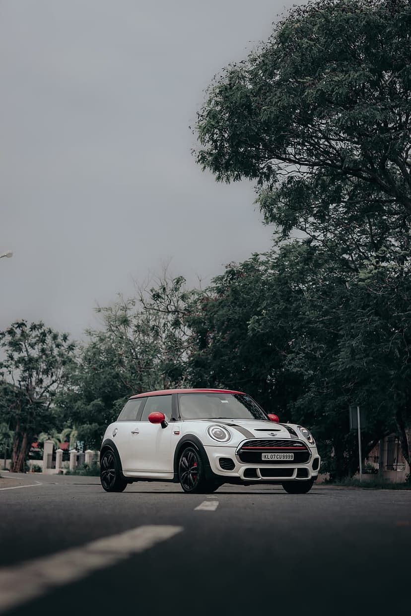 White Mini Cooper with a red roof and racing stripes parked on a paved road surrounded by green trees.