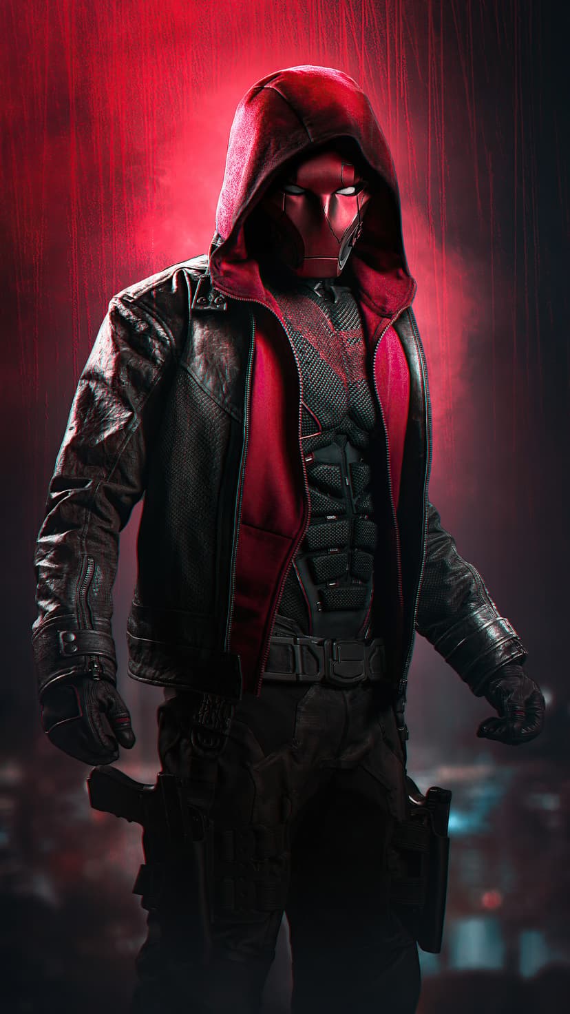 Red masked vigilante in a leather jacket and tactical gear stands against a dark, atmospheric backdrop.