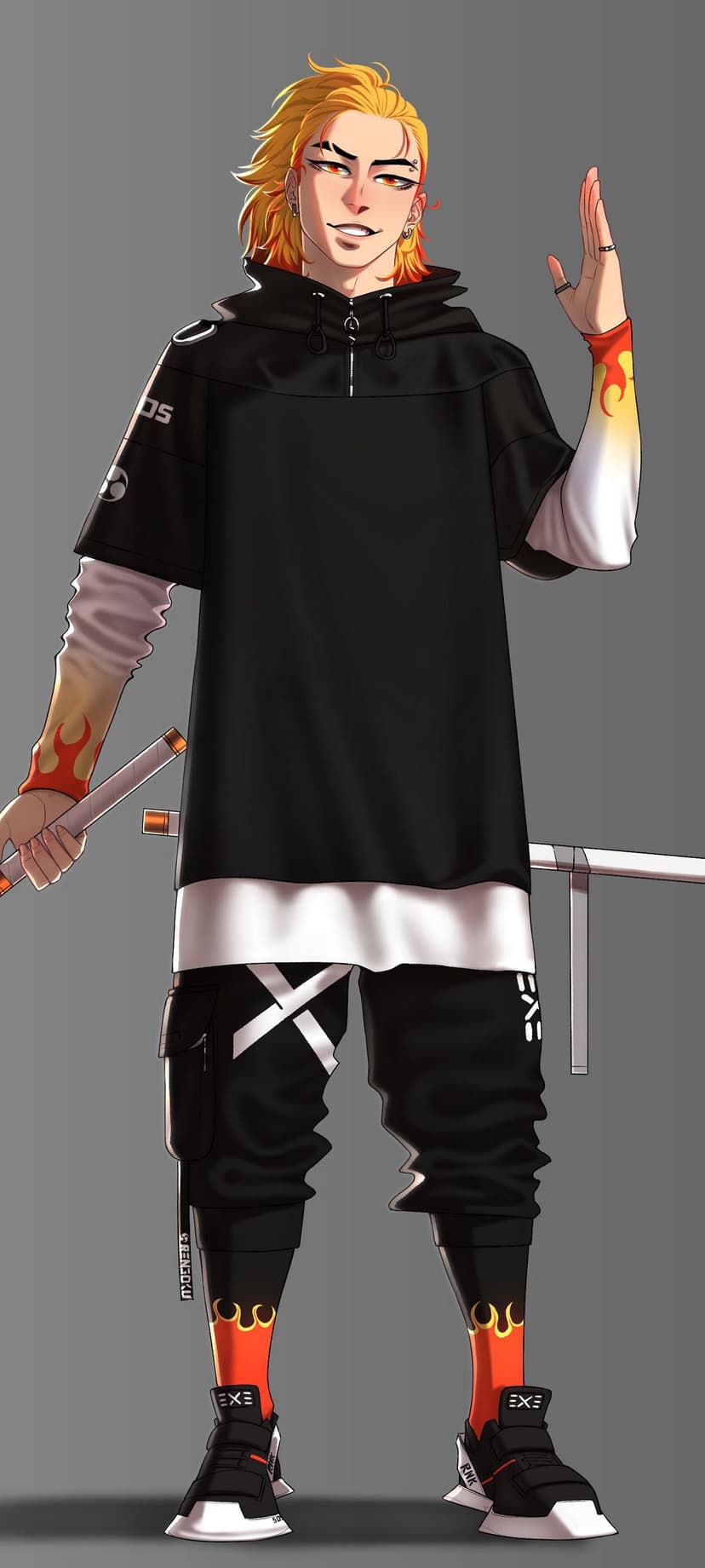Blonde anime boy in a black flame-print hoodie holding a katana while wearing rings and facial piercings.