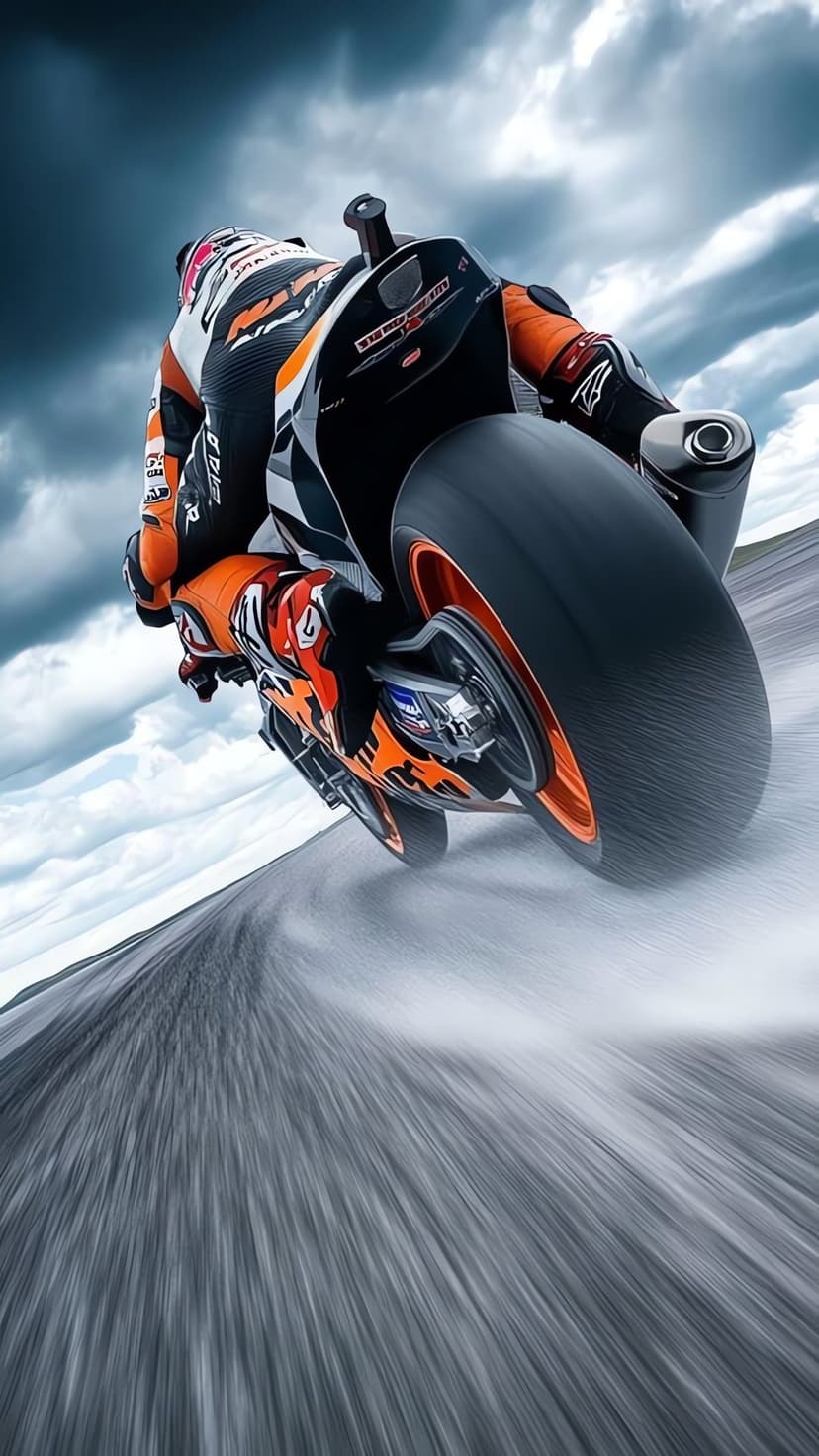 Professional motorcycle racer leaning into a high-speed turn on a blurred track under a dark stormy sky.