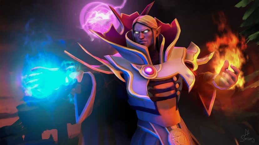 Elven mage with glowing white eyes channels blue, purple, and orange magical orbs against a dark background.