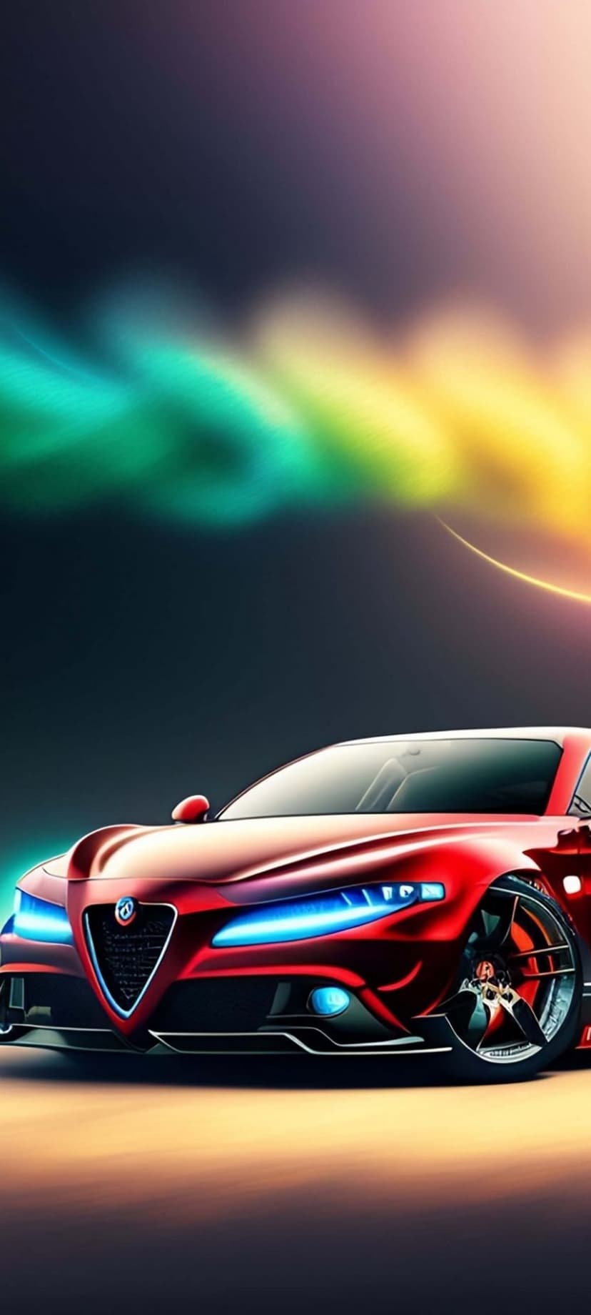 Red sports car with glowing blue headlights sits under swirling green and pink neon light trails in the dark.