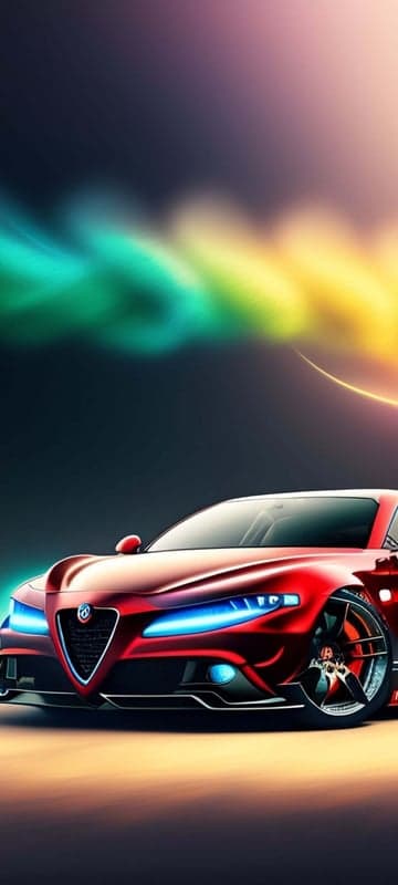 Red Sports Car with Neon Aurora Background