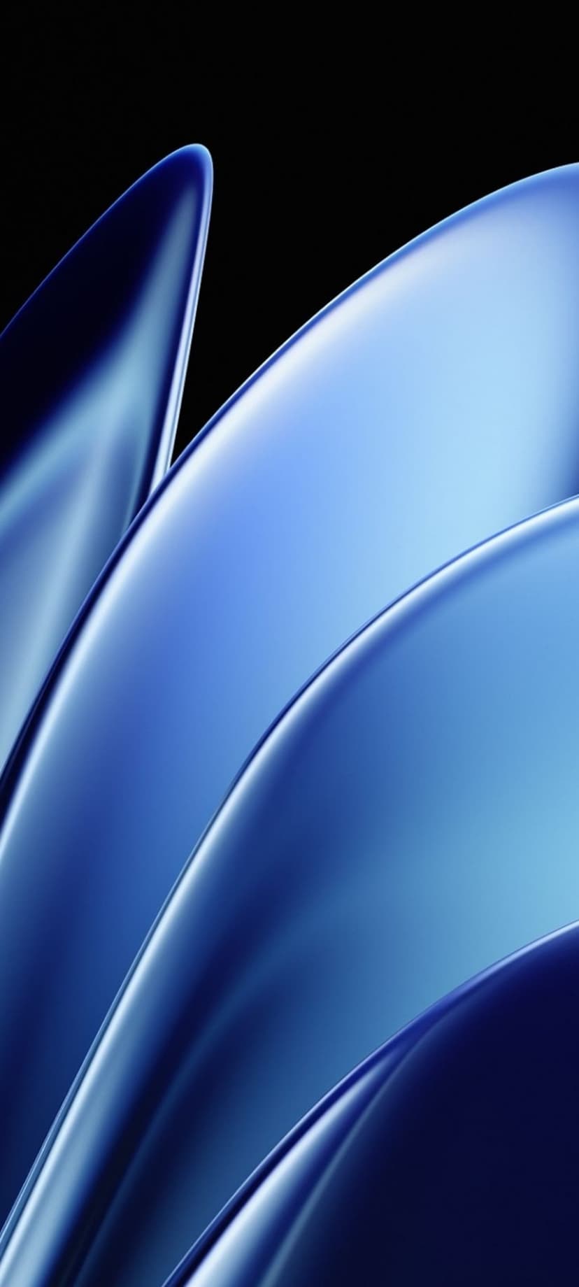Metallic blue swirls weave through a dark void with reflective highlights and smooth, flowing gradients.