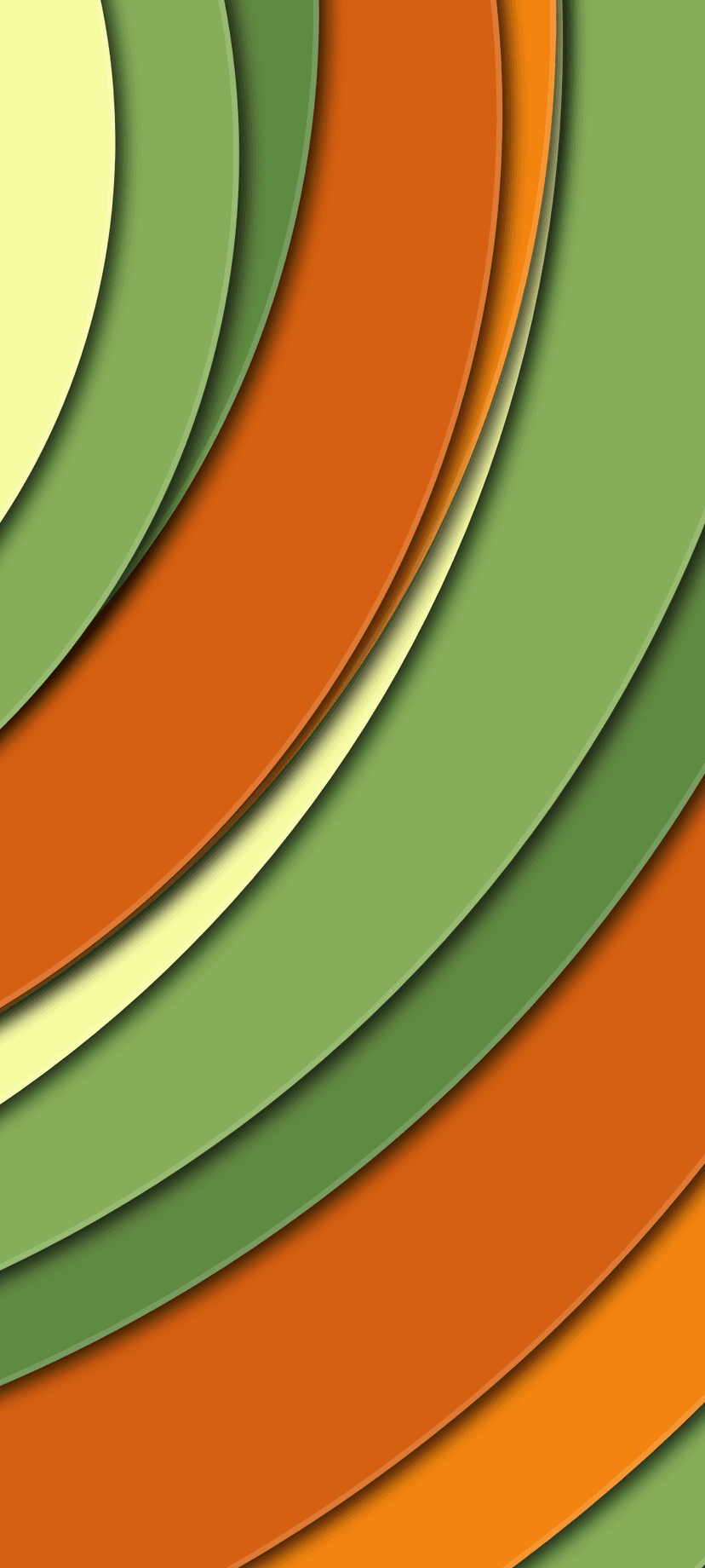 Interlocking yellow, orange, and green curved shapes with subtle drop shadows create a three-dimensional effect.