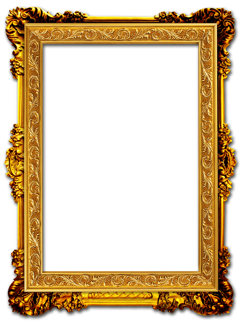 Ornate gold frame with rectangular dimensions featuring intricate carvings and brown metallic textured molding.