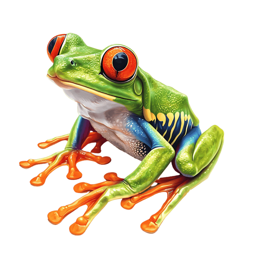 Red eyed tree frog illustration displays textured green skin and vivid blue markings on a dark background.