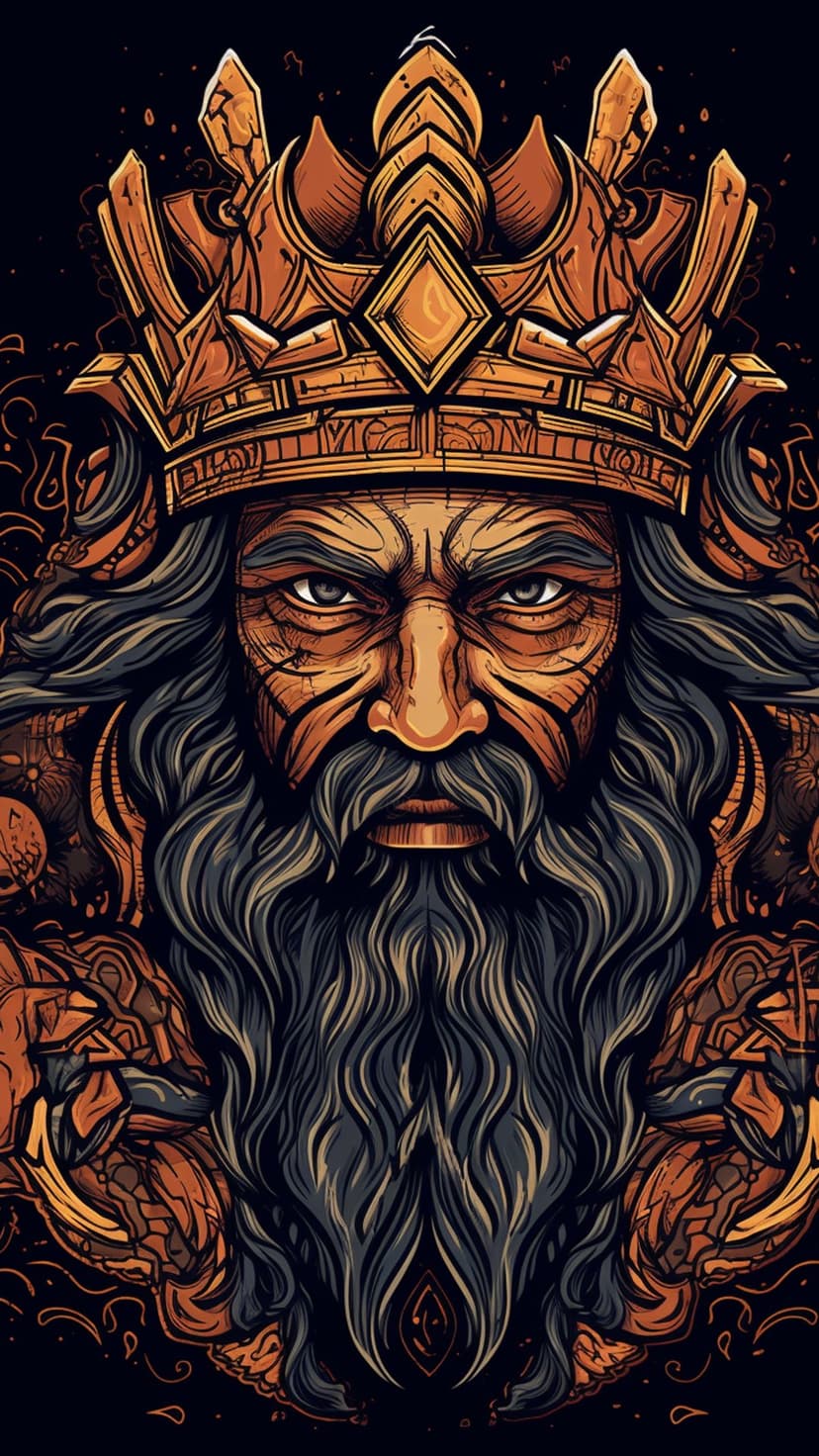 Bearded king wearing an intricate gold crown with glowing orange highlights against a dark, shadowy background.