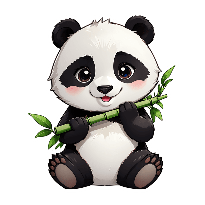 Panda bear sticker illustration holding green bamboo shows fluffy black white fur plus glossy dark eyes.