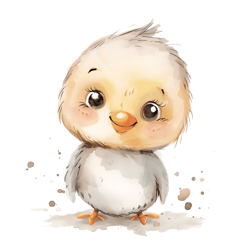 Yellow watercolor chick with fluffy feathers and pink cheeks stands centered against a transparent background.