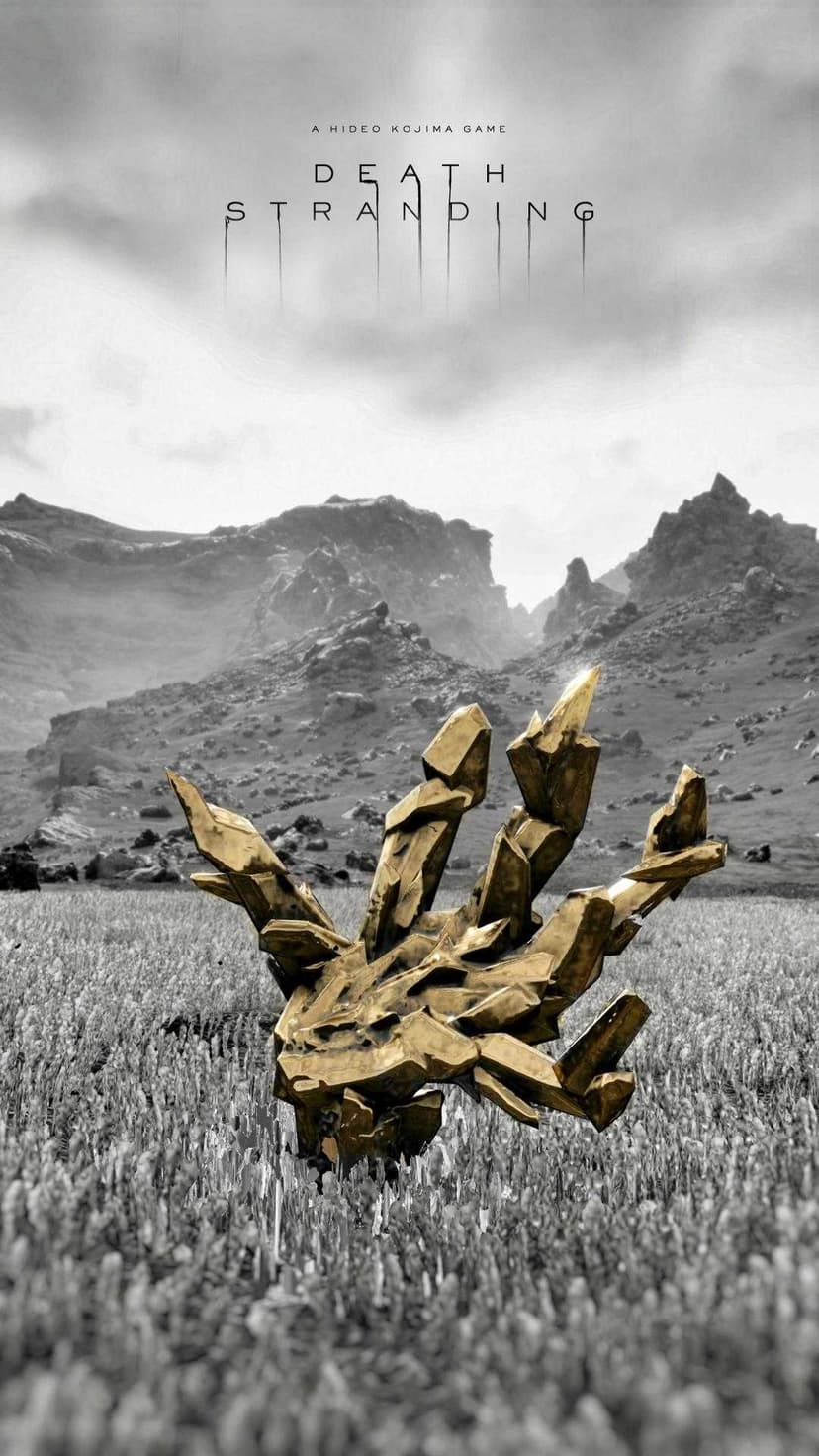 Golden hand-shaped chiral crystal emerging from a monochrome grass field with distant mountains and a cloudy sky.