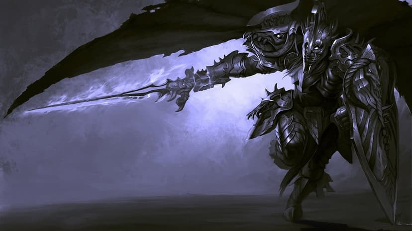 Intricately armored knight wielding a glowing blue ethereal sword and shield in a dark misty environment.