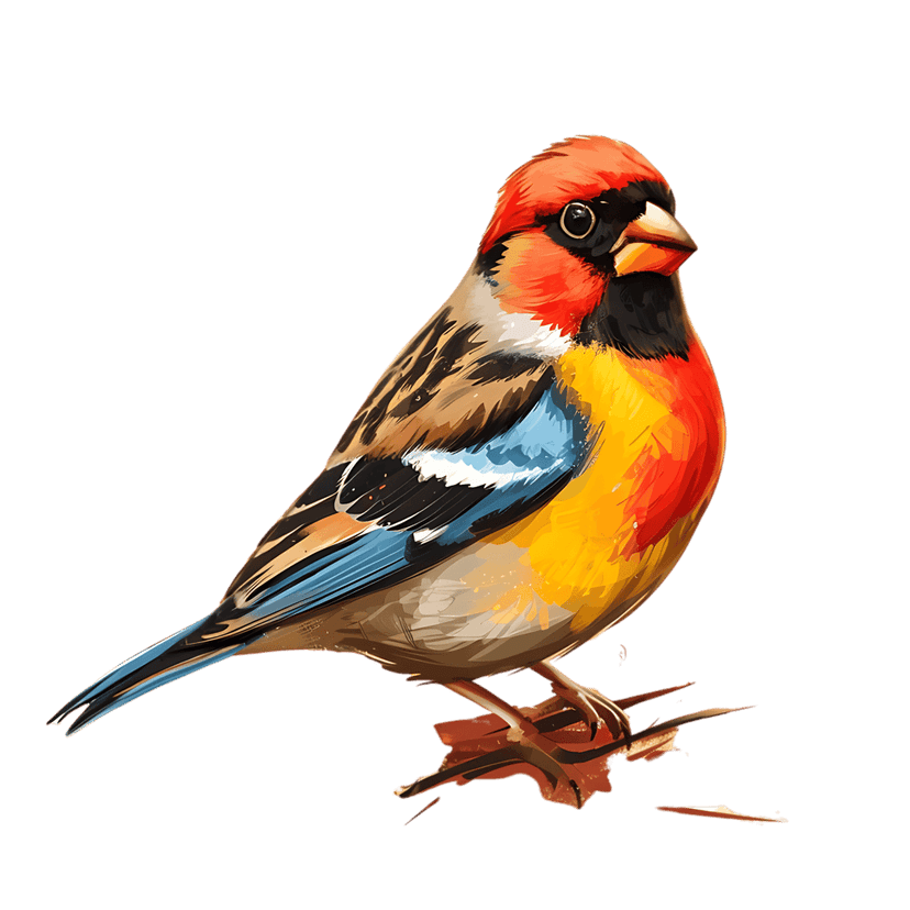 Watercolor bird with red and orange feathers perches on dark brown branches against a black background.