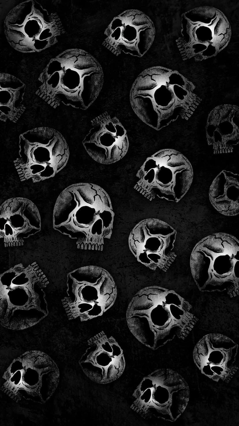 Grayscale skulls with cracked details and hollow eyes form a dense pattern on a black textured surface.