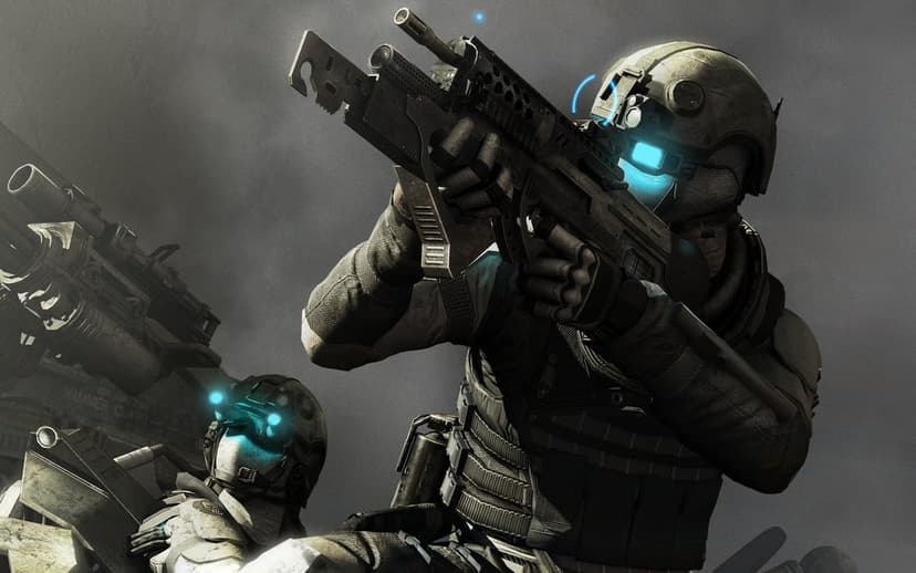 Futuristic soldiers in tactical armor with glowing blue visors holding high-tech rifles in a grey setting.
