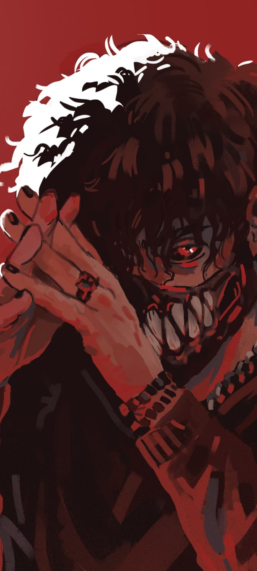 Masked anime figure with glowing red eyes and a toothy grin raises a ringed hand against a dark crimson backdrop.