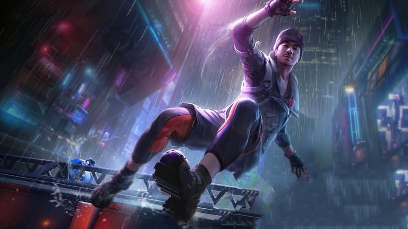 Jota from Free Fire vaults over a ledge in a rainy cyberpunk city with neon lights and purple lens flares.