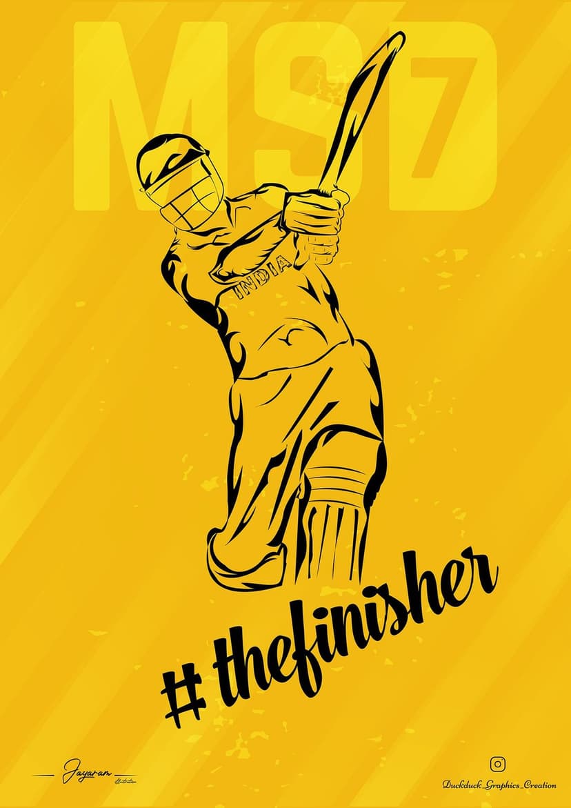 Mahendra Singh Dhoni swings his bat in a yellow jersey against a textured background with MSD 7 and finisher text.