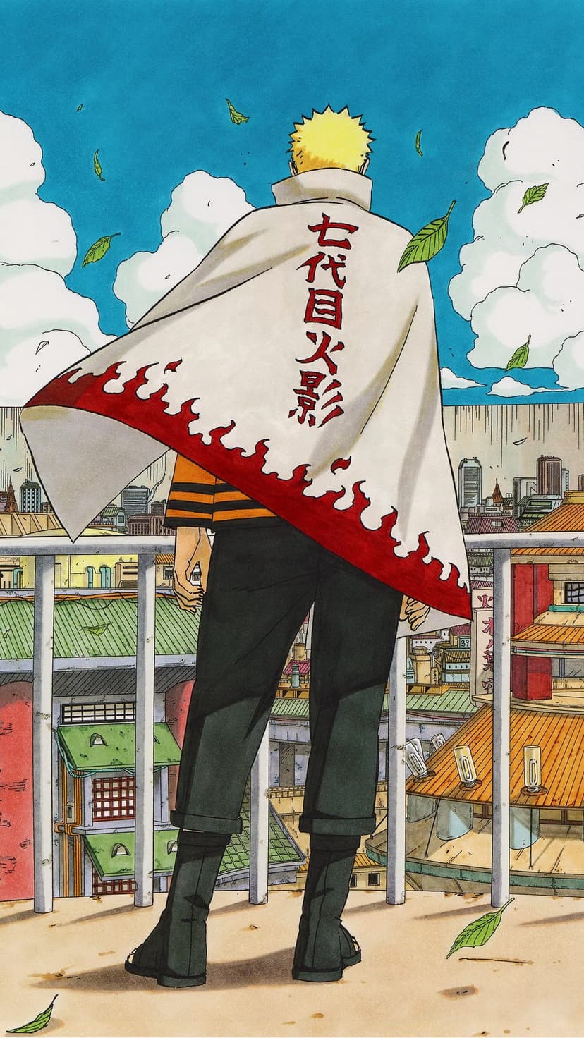Naruto Uzumaki in a white Hokage cloak stands on a rooftop overlooking the sunny Hidden Leaf Village.
