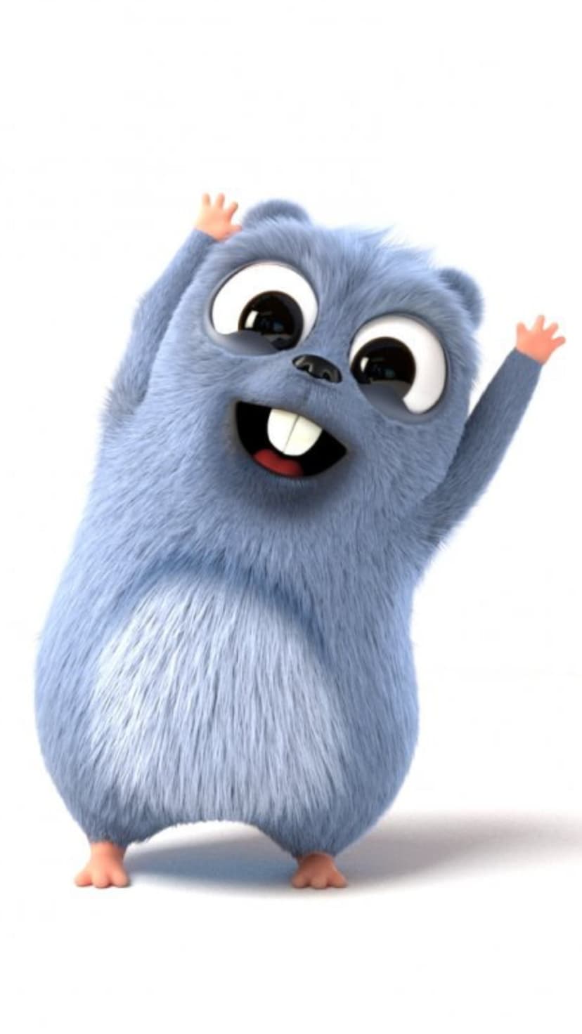 Blue hamster character with big eyes and buck teeth waves against a white background with a cheerful expression.