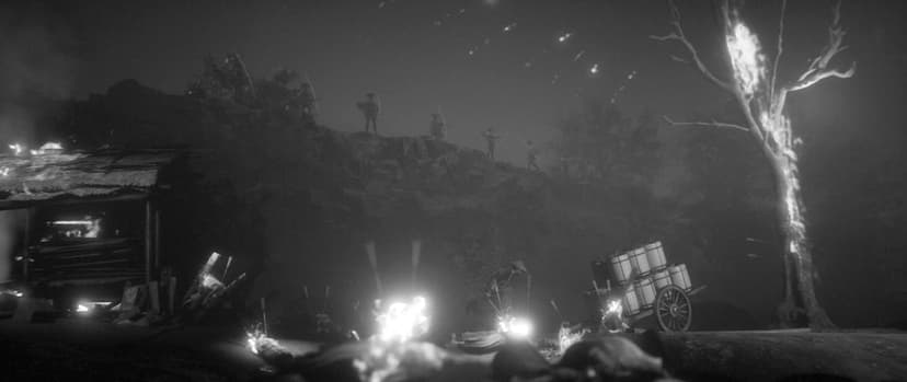 Samurai running through a burning village with archers on a ridge and a flaming tree in monochrome.