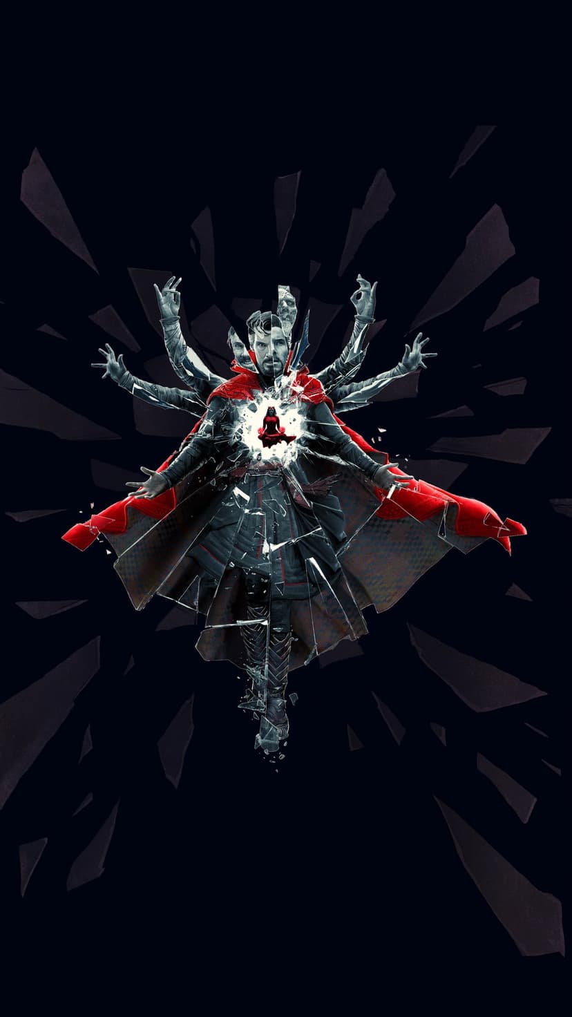Doctor Strange poses with multiple arms amidst glowing shards and a red cloak in a dark mystical dimension.