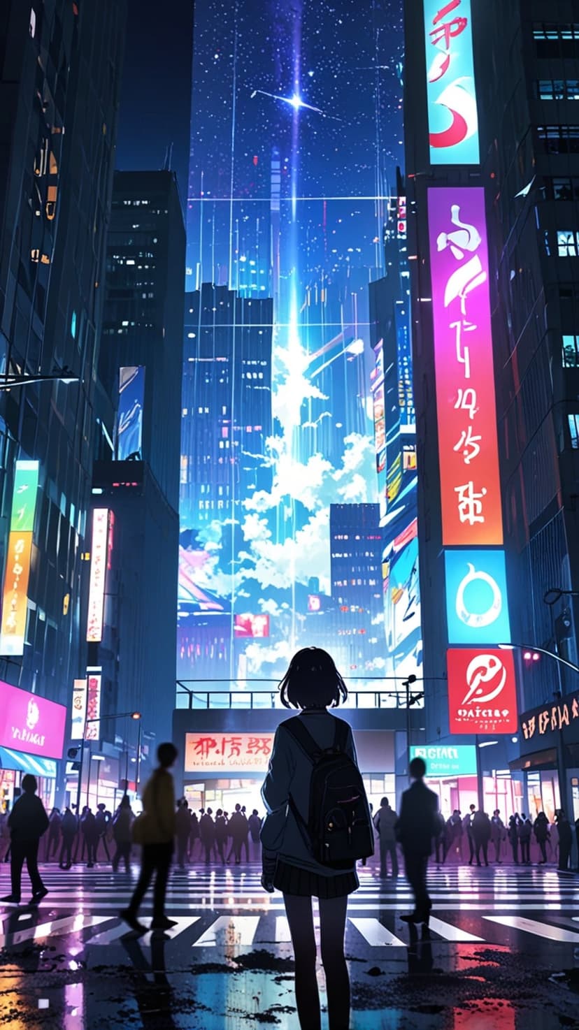 Solitary person standing at a wet urban crossing surrounded by neon billboards and futuristic skyscrapers.