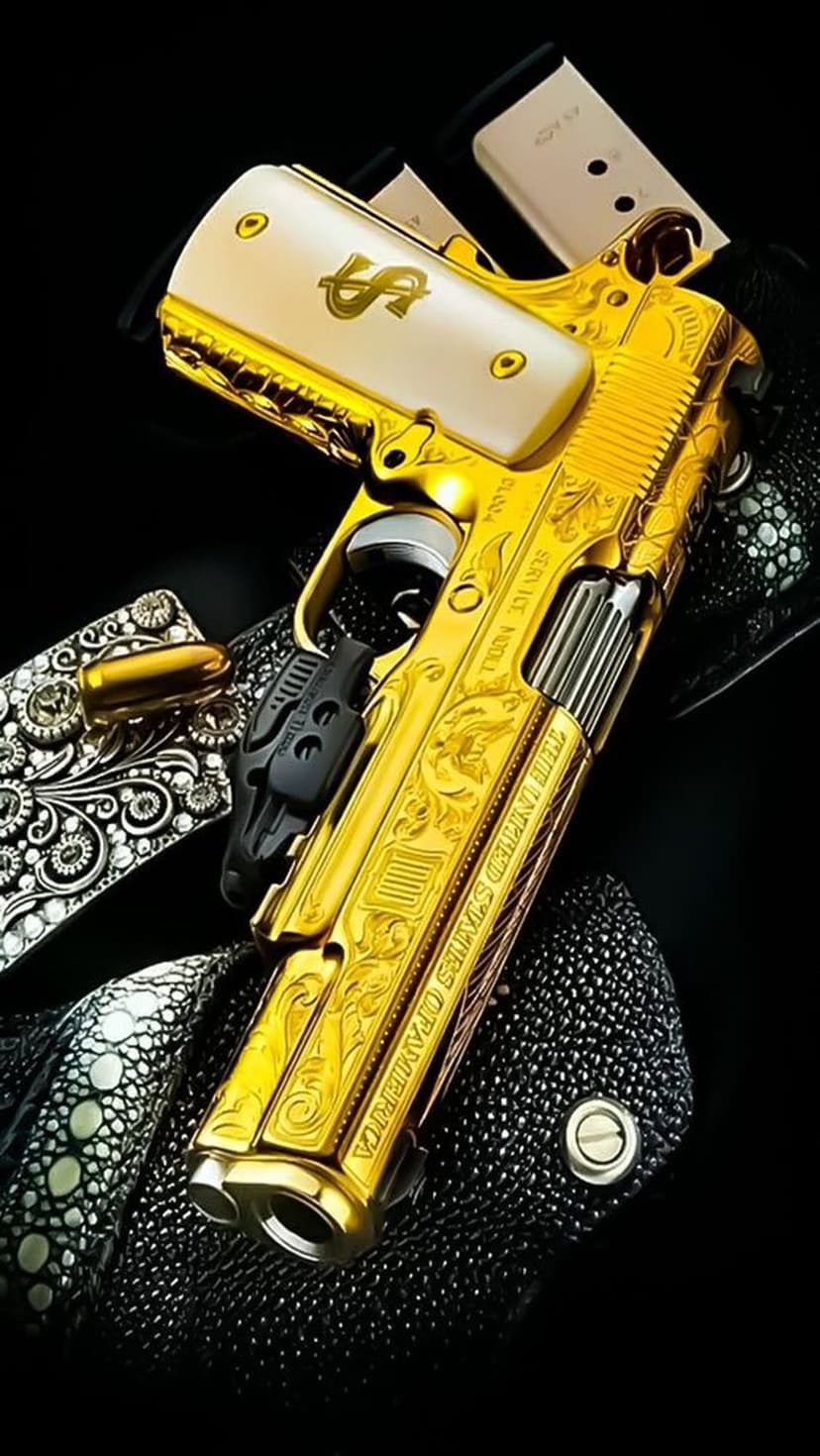 Gold-plated handgun with intricate scrollwork and a white dollar sign grip resting on a dark patterned surface.