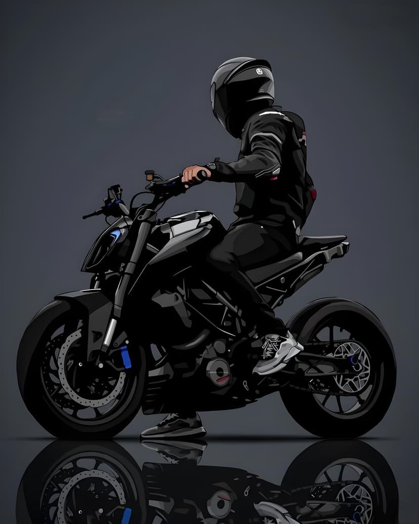 Biker in black gear rides a sleek motorcycle with visible engine parts against a dark, minimalist background.