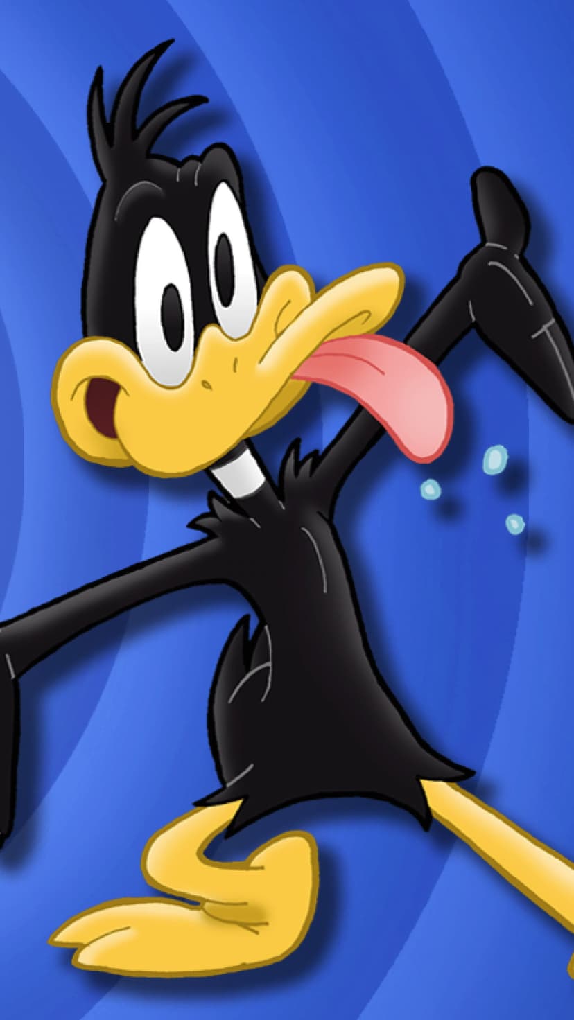 Daffy Duck sticking out a long pink tongue while set against a vibrant swirling blue and light azure background.