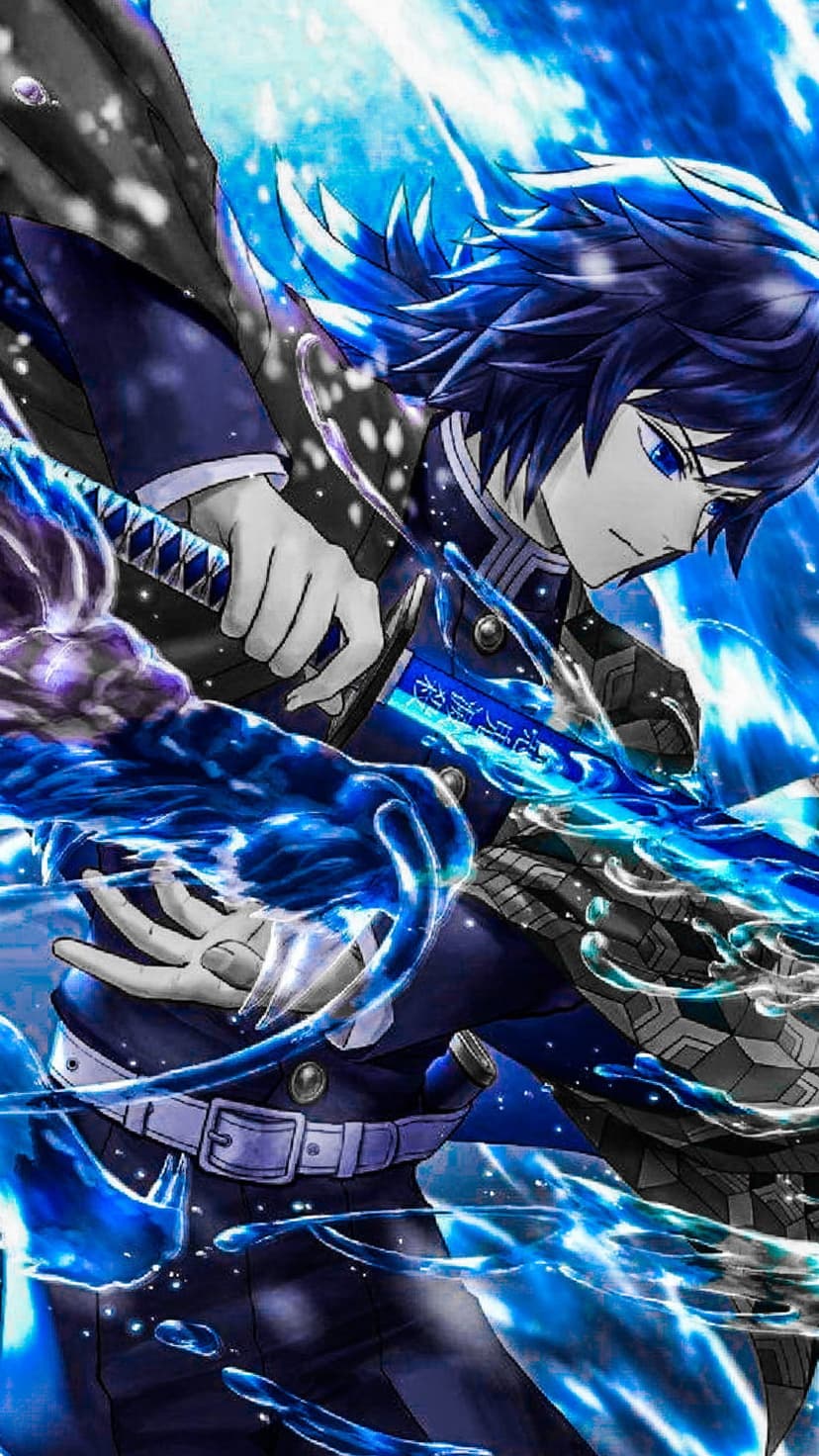 Samurai warrior with spiky blue hair grips a glowing katana surrounded by flowing water energy and light.
