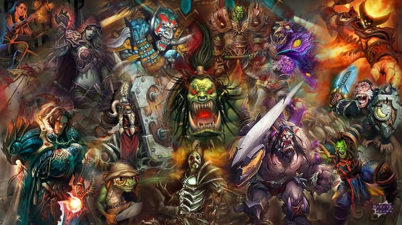 Intense collage of fantasy warriors including orcs and elves with glowing weapons and dramatic magical lighting.