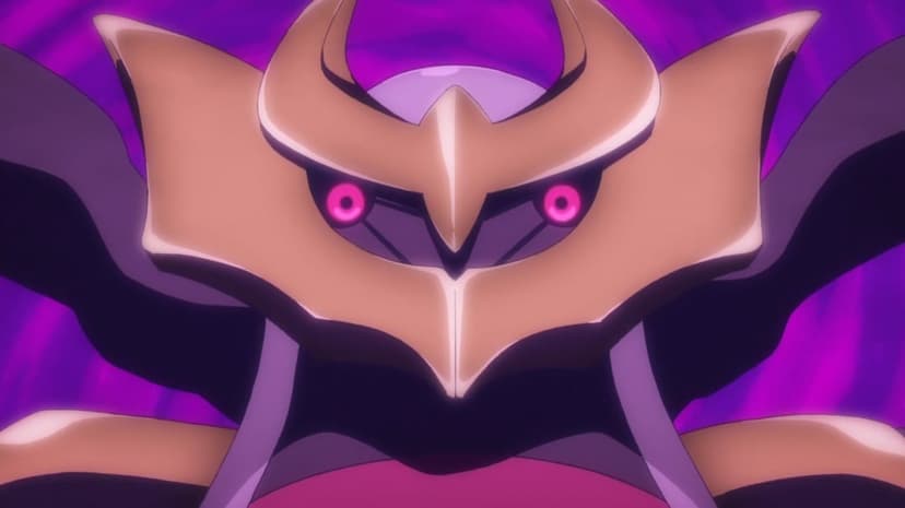 Giratina Origin Forme head with glowing pink eyes and golden armor against a dark purple swirling background.