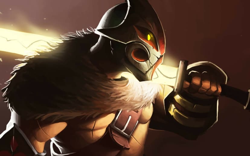 Armored warrior with glowing yellow eyes holds a brilliant golden greatsword over fur-lined shoulders.