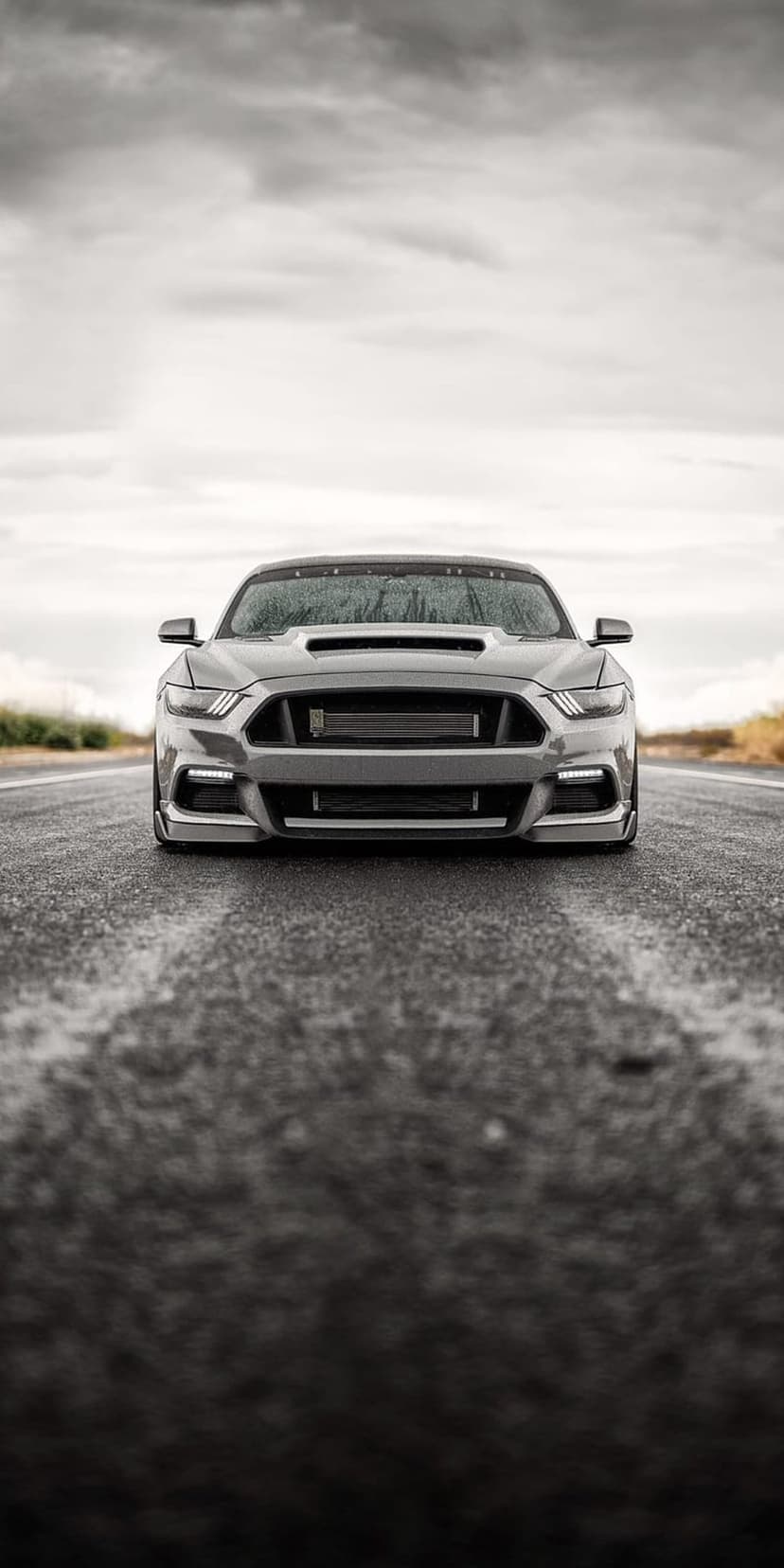 Grey Ford Mustang front view on wet pavement under a cloudy sky with visible intercooler and headlights.
