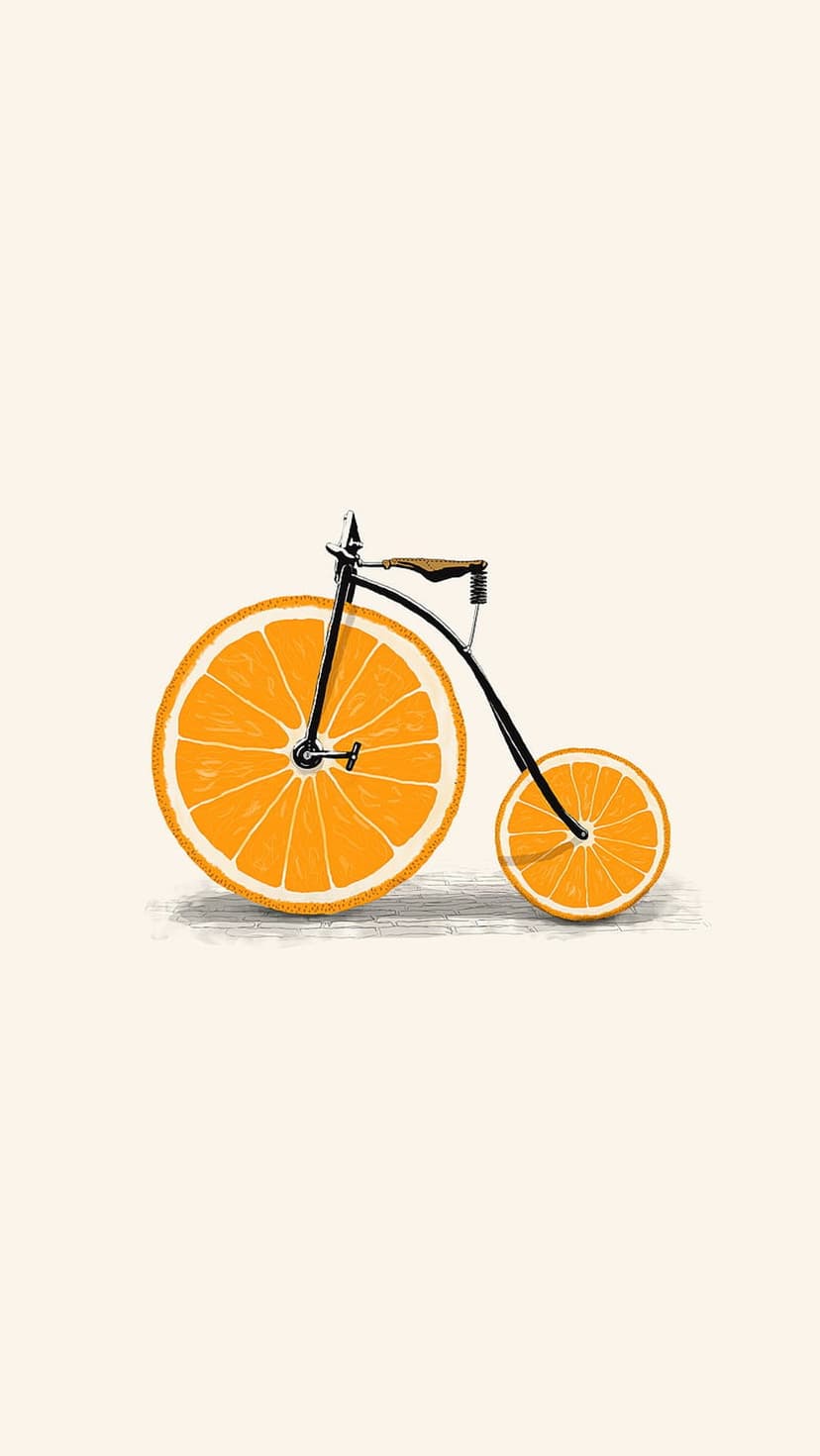 Penny-farthing bicycle featuring wheels made of juicy orange slices rests against a minimalist cream backdrop.
