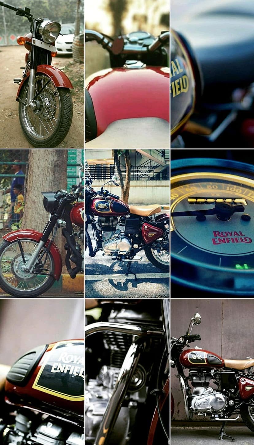 Royal Enfield Classic motorcycle collage features chrome accents, the engine, and a round headlight in a grid.