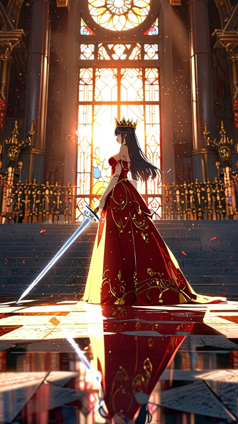 Anime queen in a red gown holds a glowing sword inside a sunlit palace hall with stained glass windows.