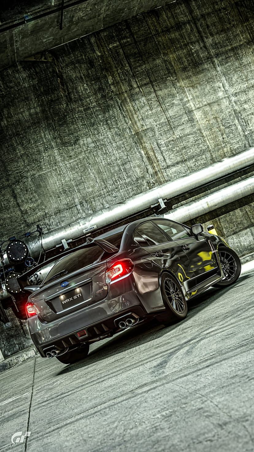 Subaru WRX STI with red taillights glowing in a dark industrial tunnel featuring large pipes and wet concrete surfaces.