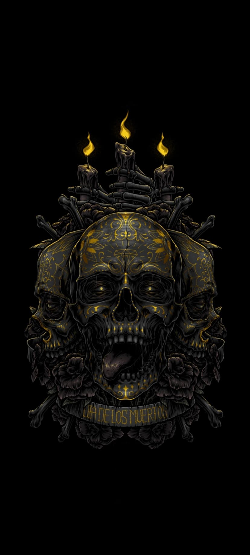Ornate skulls with golden filigree, lit candles, and dark roses surrounding a Dia de los Muertos banner.