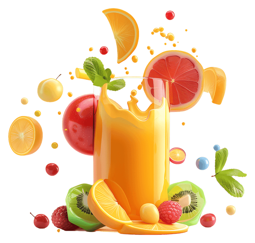 Fruit juice splash liquid surrounds sliced strawberries and oranges in a high-resolution 3D rendering.