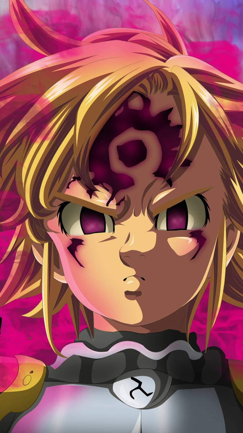 Meliodas with glowing purple eyes and dark facial markings against a magenta energy swirl background.