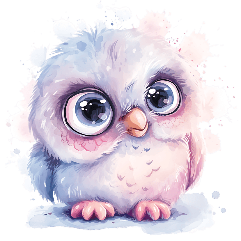 Owlet watercolor illustration with large blue eyes, pink feathers, and colorful paint splatters on the wings.