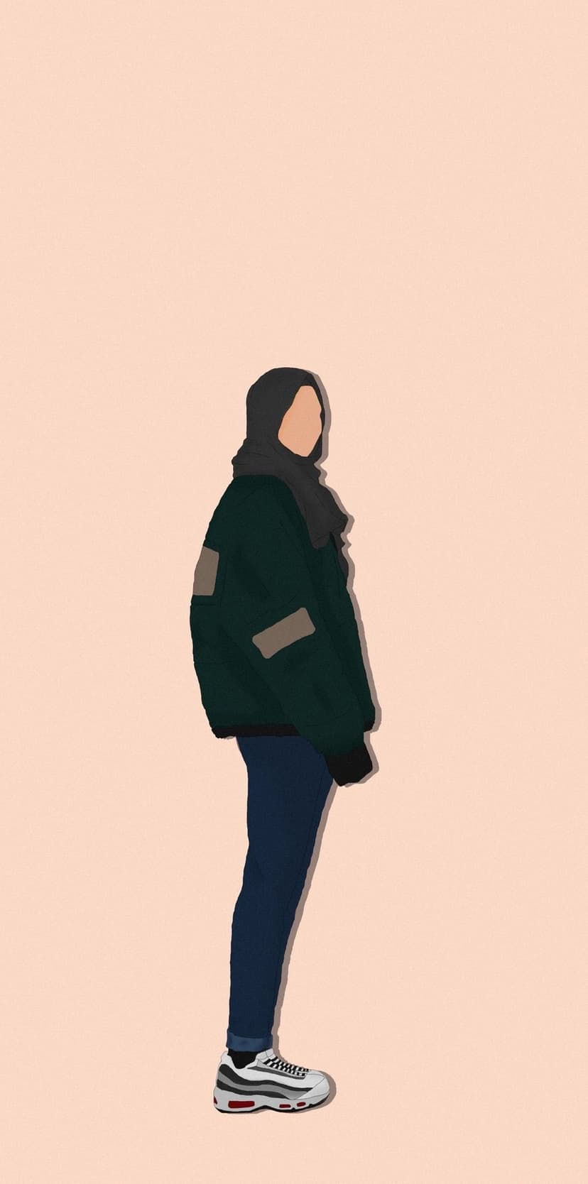 Woman in a dark hijab, olive green bomber jacket, and blue jeans standing against a solid peach background.