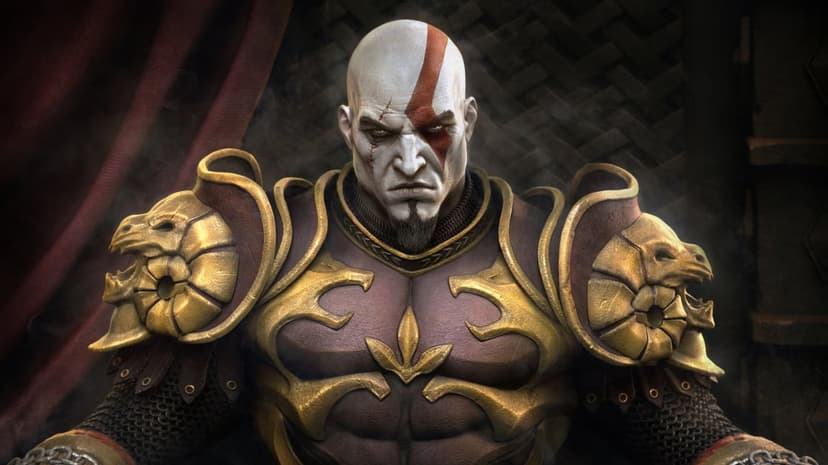 Kratos with a red tattoo and stern gaze wears ornate gold armor against a dark red and textured background.