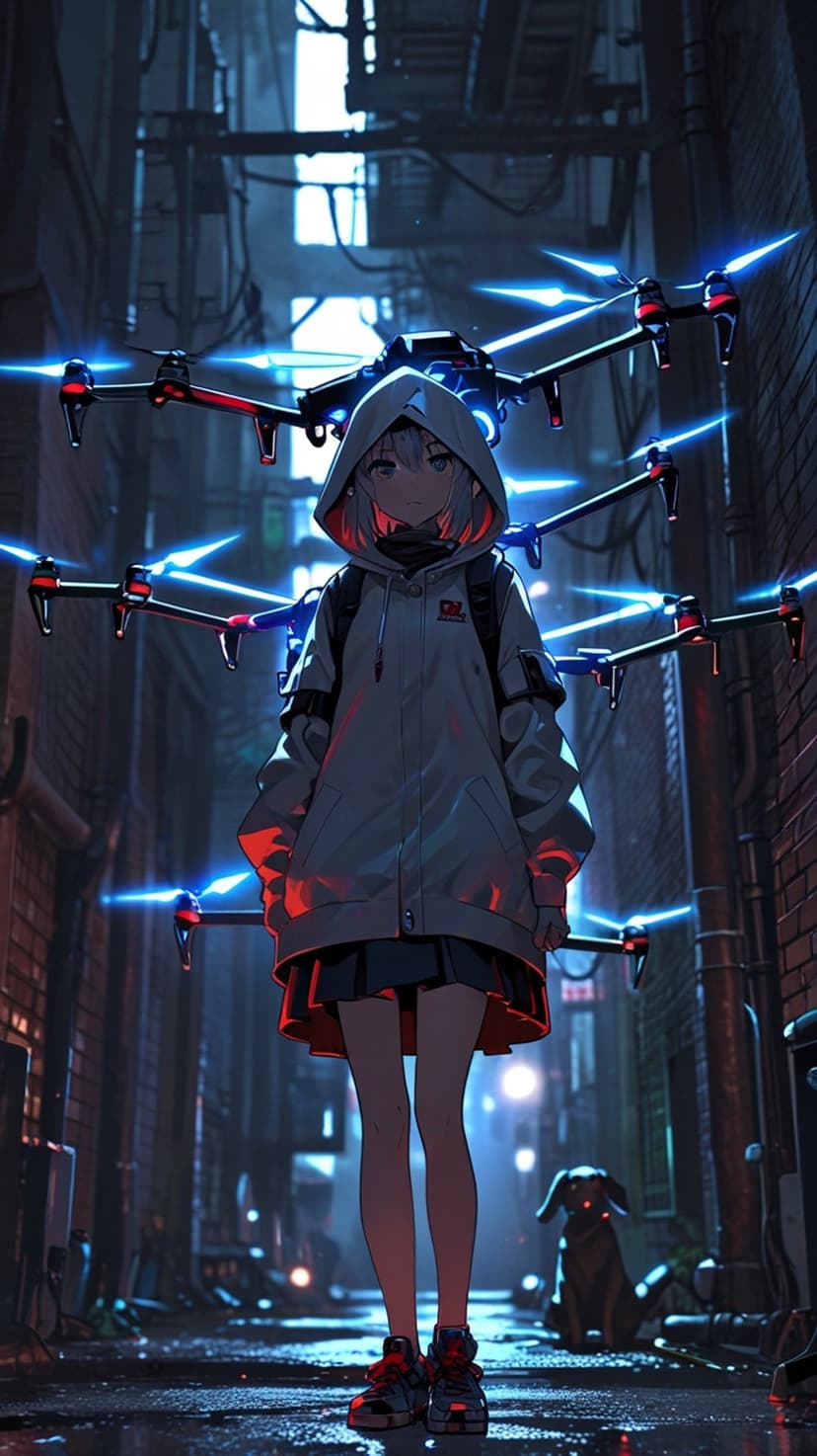 Anime girl wearing a hoodie stands in a dark rainy alleyway surrounded by glowing blue and red floating drones.