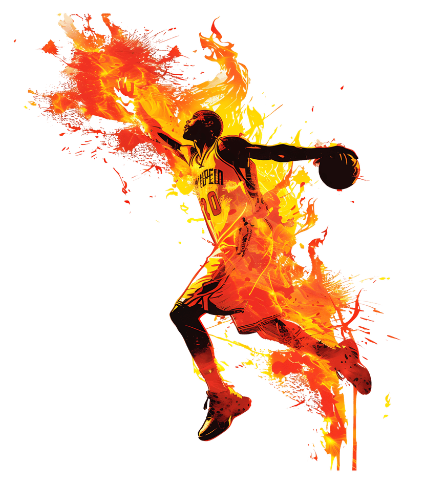 Basketball player silhouette fire effect jumping for a slam dunk against a transparent background cutout.