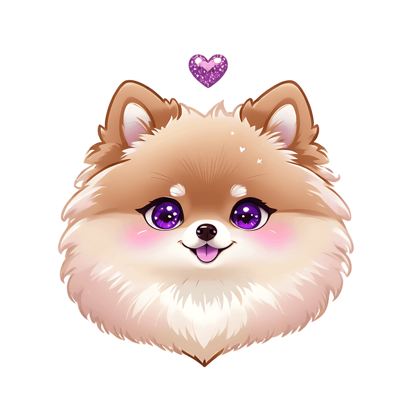 Pomeranian puppy sticker illustration features light brown fluffy fur and a glittery purple heart crown on its head.